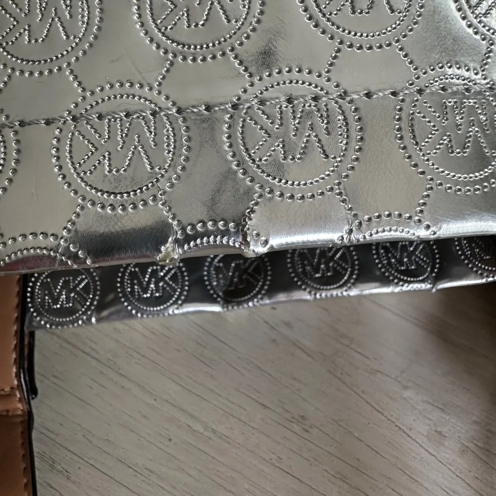 Michael Kors Metallic Silver Embossed Logo Statement Tote Bag Tan Leather Straps